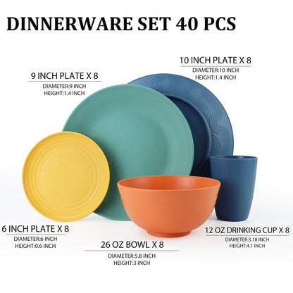 Wheat Straw Dinnerware Set 40-Piece Service for 8 Unbreakable Dishes Set Plates and Bowls Sets Drinking Glasses Microwave Safe Dish Set Lightweight Dinnerware Set for Home & Kitchen - Yellow