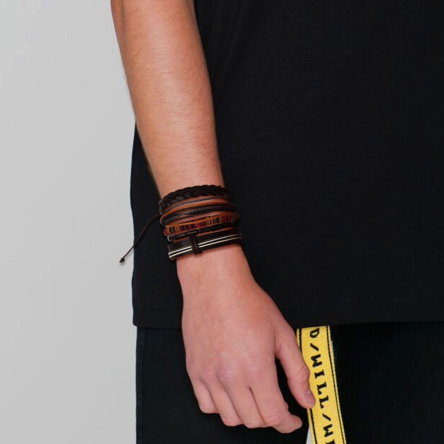 Sanfenly Leather Necklace Bracelet for Men Tribal Wolf Tooth Wood Bead Cross Pendant Necklaces Braided Wristband Vintage Brown Jewelry Set Adjustable