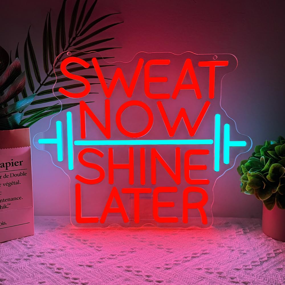 RuCvixkt Sweat Now Shine Later Neon Sign, Neon Light for Home Gym Led Weight Lighting Man Cave Decor, Dimmable USB Powered Signs Gift for Boy Girl Sport Lover