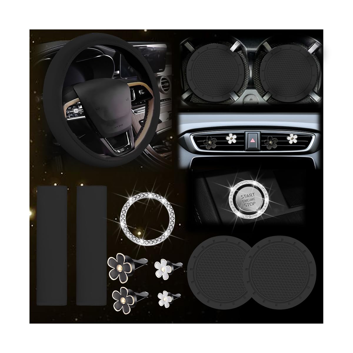 KHGUZ 10PCS Car Accessories Set, Vehicle Steering Wheel Cover Seatbelt Protector Cup Holder Coaster Push Start Button Cover Flower Auto Air Vent Clip, Universal for SUV, Truck, RV (Black)