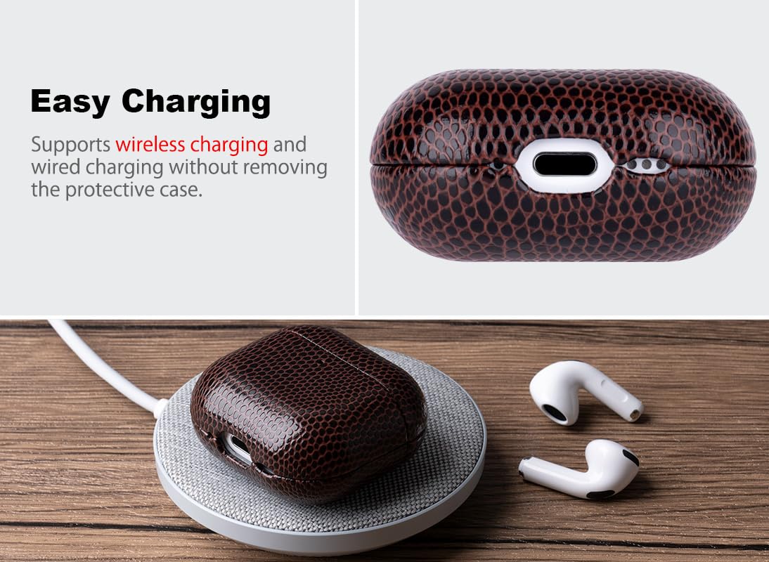 Haobobro Handmade Case - for AirPods 4 Case Cover - Selected Vegan Leather, Lizard Skin Texture, Drop Protective Hard Shell Cover for AirPods 4th Generation Earbuds - Coffee