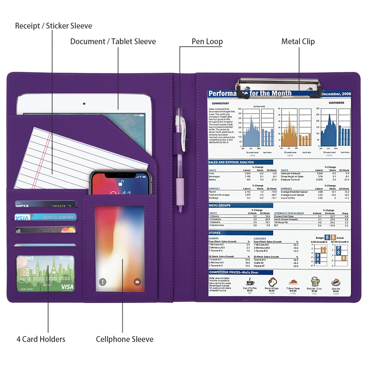 WAVEYU Resume Portfolio Folder, Padfolio Clipboard, Writing Portfolio Leather Clipboard with Cover for Legal Pad Holder Letter Size A4 for Business Conference Notepad Clip Boards, Purple