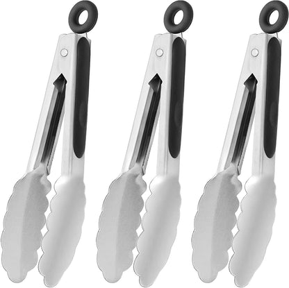 Small Silicone Tongs 7-Inch Mini Serving Tongs, Set of 3 (Black Gray White)