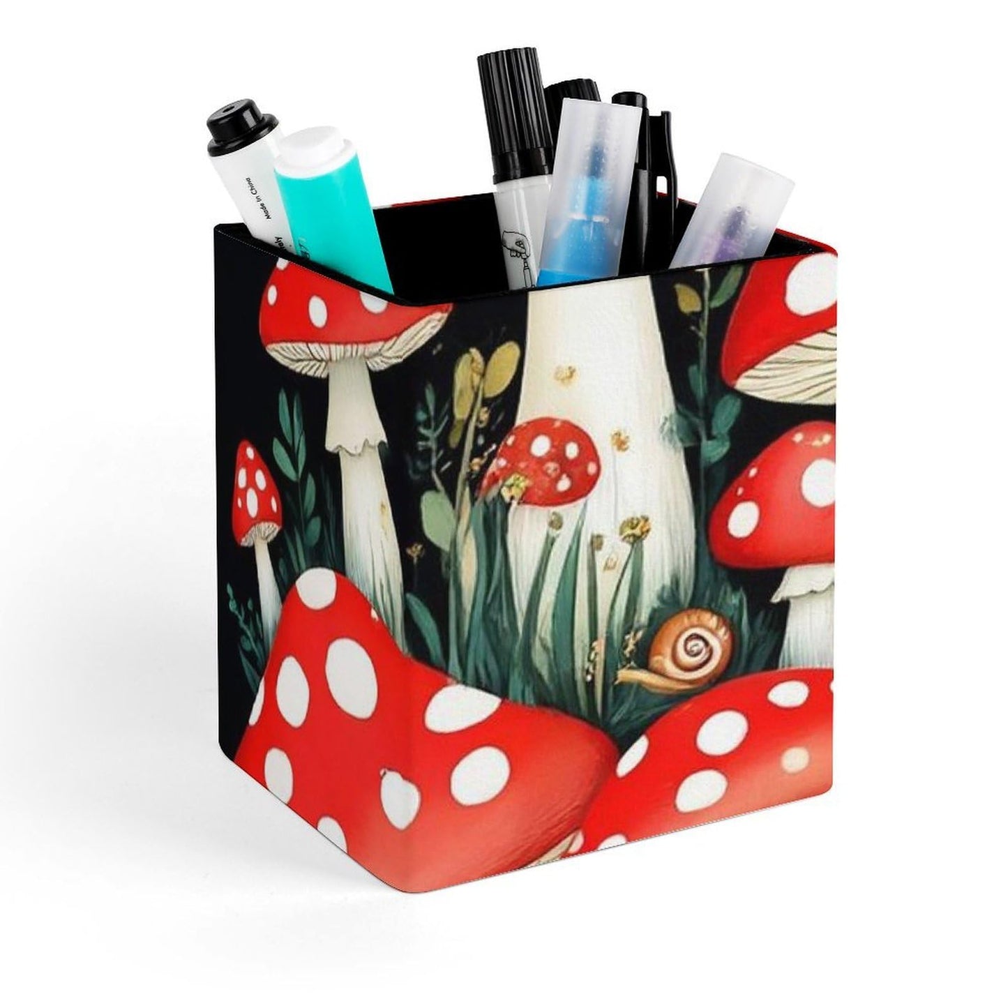 UTRSIFB Pen Holder Square Leather Pencil, Holder Cup Makeup Brush Storage Organizer, Waterproof Multifunctional Office Supplies Wild Mushrooms