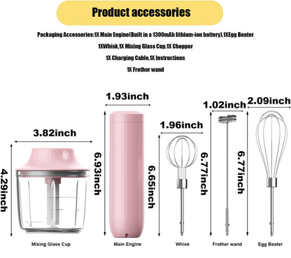 4-in-1 Electric Hand Mixer, Electric Whisk, Mini Onion Chopper 10Oz, Small Cordless Hand Blender, Milk Frother Wand for Coffee, Matcha, 4 Speed Rechargeable Food Processor for Baby Food Maker