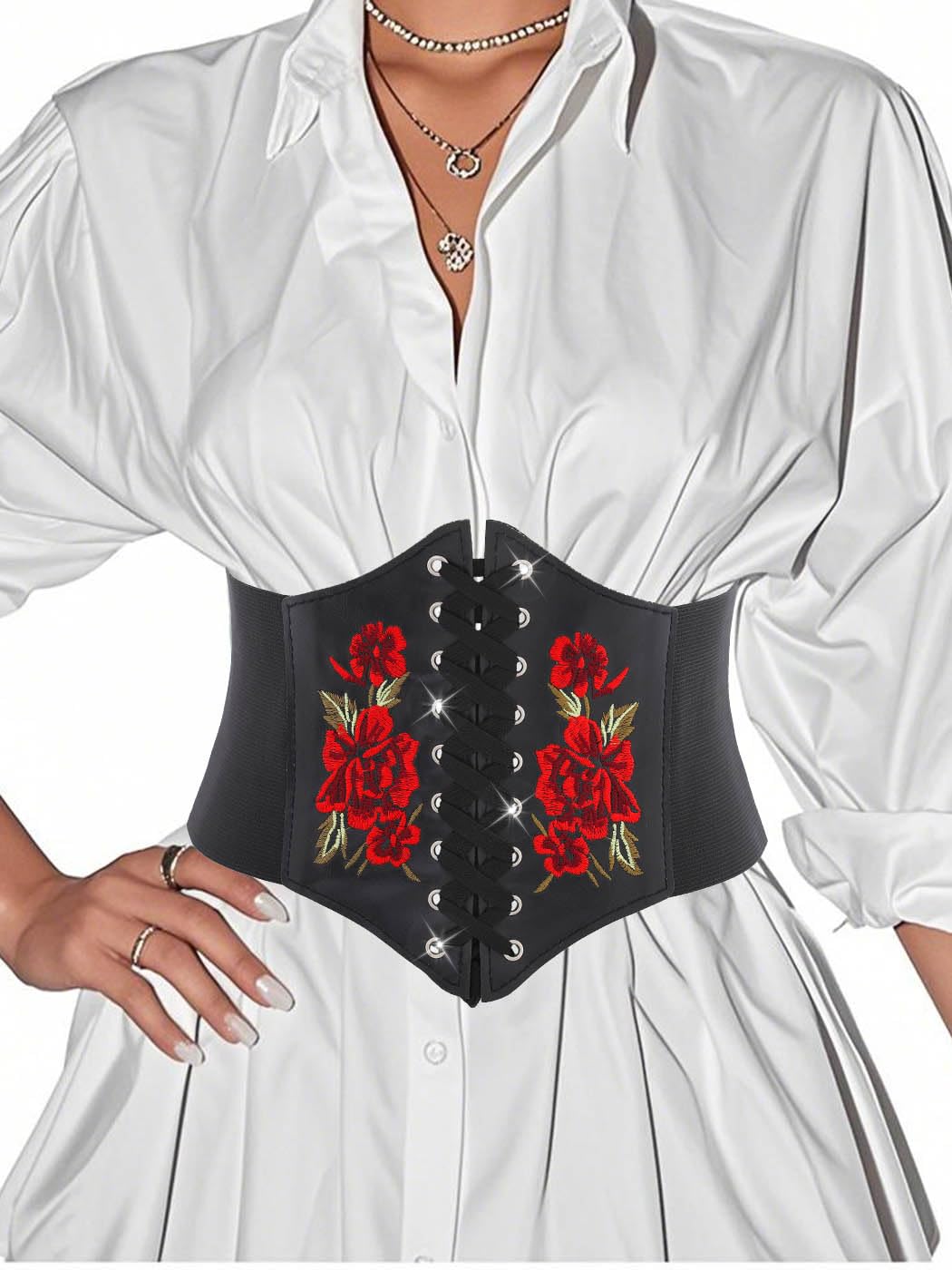 Urieo Embroidered Rose Corset Belt Black Lace-up Waist Cincher Belt Renaissance Underbust Halloween Dresses Wide Elastic Waspie Belts for Women