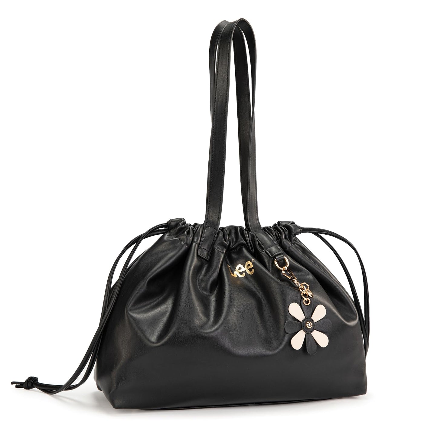 Lee Leather Tote Bag for Women, Spacious Vegan Leather Shoulder Bag & Handbag with Drawstring Closure, Durable Shoulder Straps, Large Capacity Work & Travel Purse, LEE73-001BK