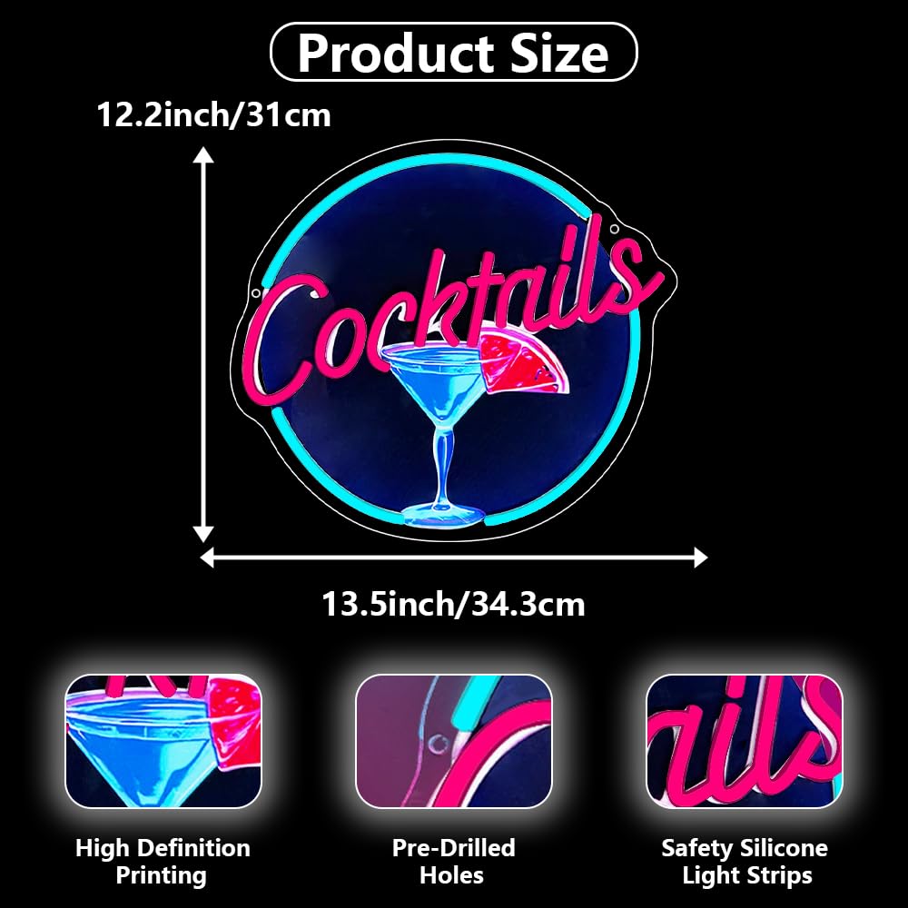 Cocktails Neon Signs for Wall Decor,UV Print Cocktails Glass LED Neon Light Up Sign for Beer Bar Art Wall Lights,Bar Party,Pub,Night Club,Man Cave Decor,Adjustable Brightness