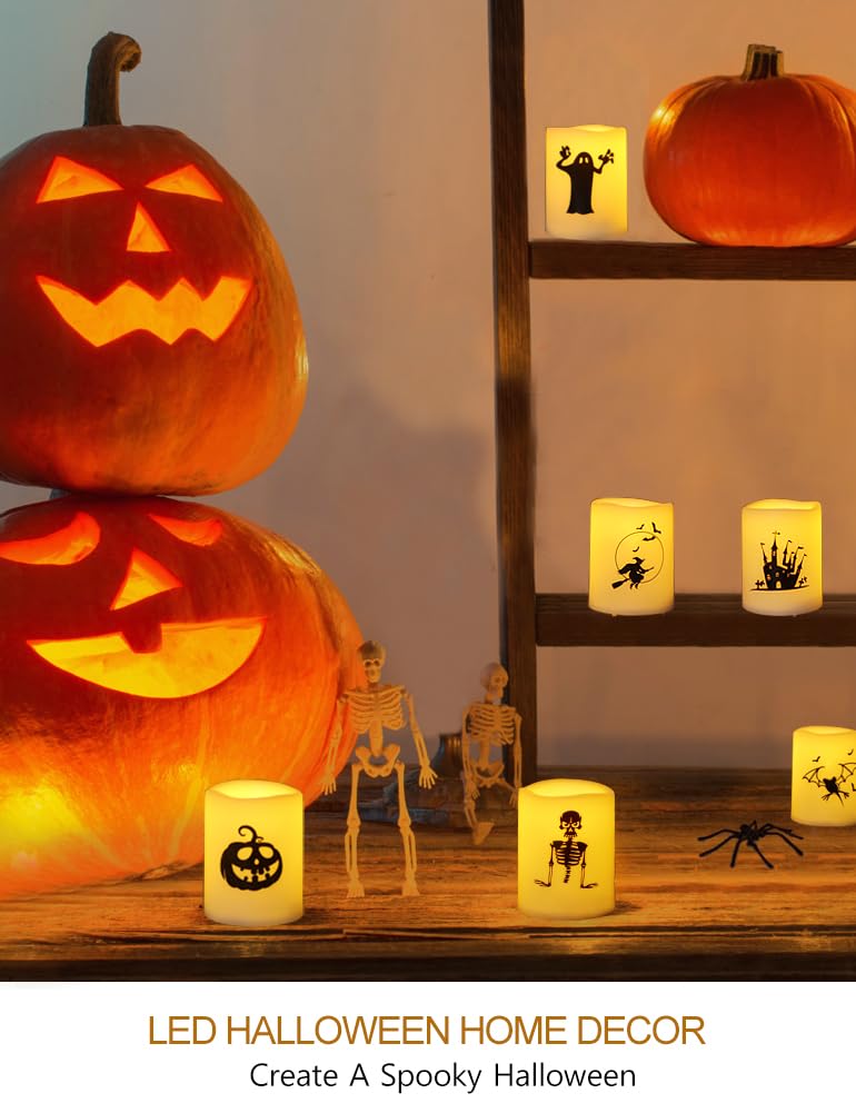 HOME MOST Set of 12 Halloween Votive Candles Battery Operated (White Body, Warm White Flicker) - Flameless Unscented Candles with Halloween Decals - LED Flickering Flameless Votive Candle