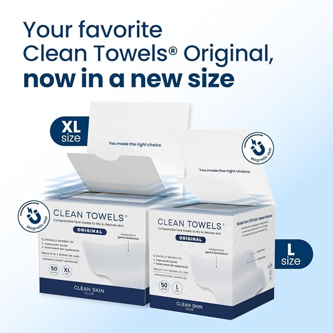 Clean Skin Club Clean Towels® Large, 100% USDA Biobased Face Towel, Disposable