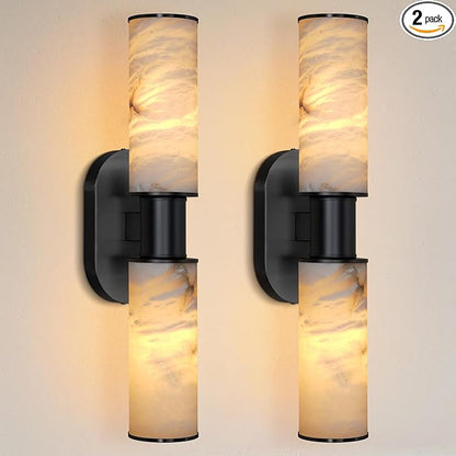 22.2" Alabaster Wall Sconce Set of 2, Black Bathroom Wall Sconce, Spanish Natural Marble Sconces Modern Wall Lights Lamps for Bedroom Living Room Stairs Indoor Hallway Vanity, Black