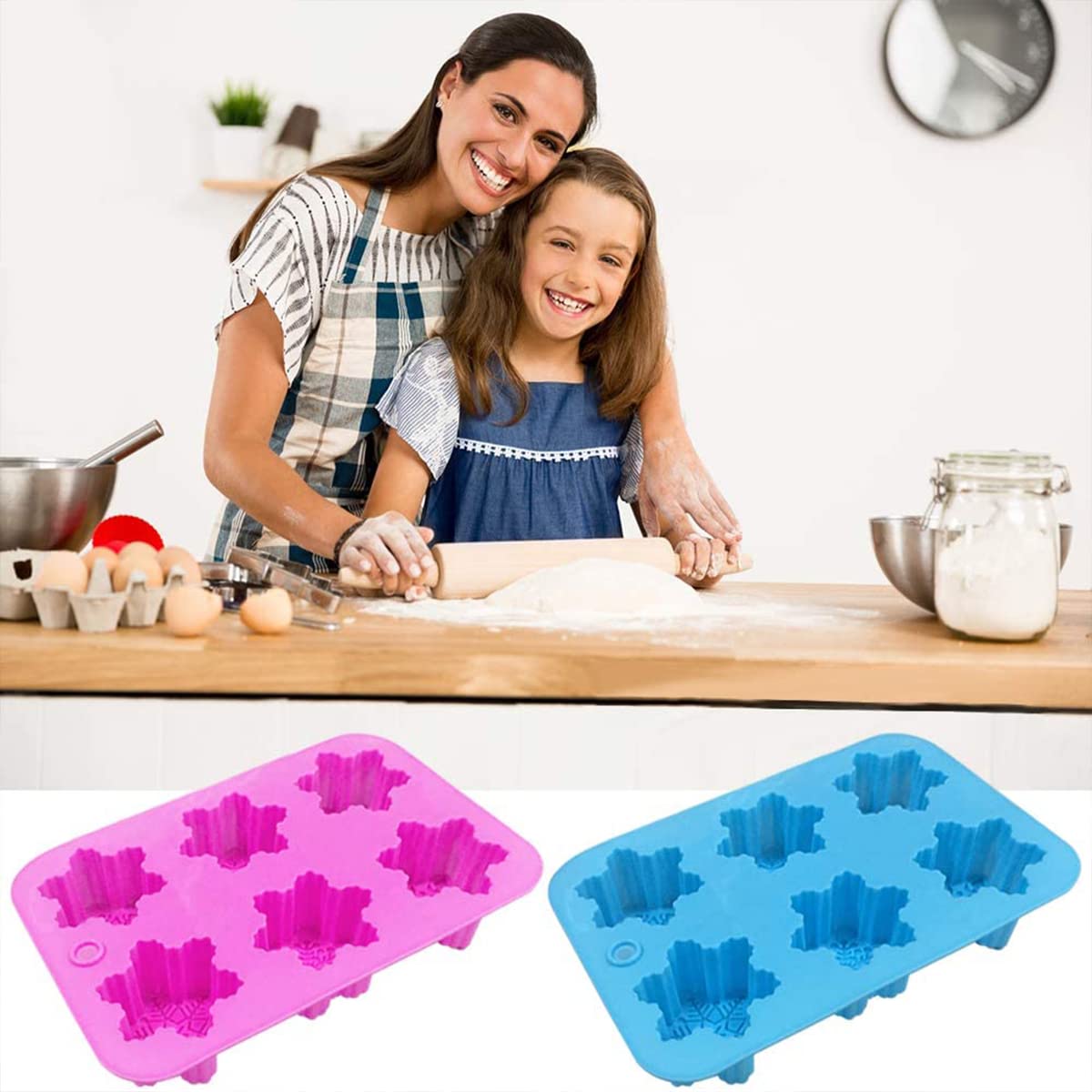 Snowflake Silicone Molds, 2 Pack Cake Pans Cookie Trays Handmade Soap Making Molds Also for Chocolate Mold Pudding Jelly Muffin Ice Cube Tray for Christmas Holiday Party Cake Decor(Pink/Blue)…