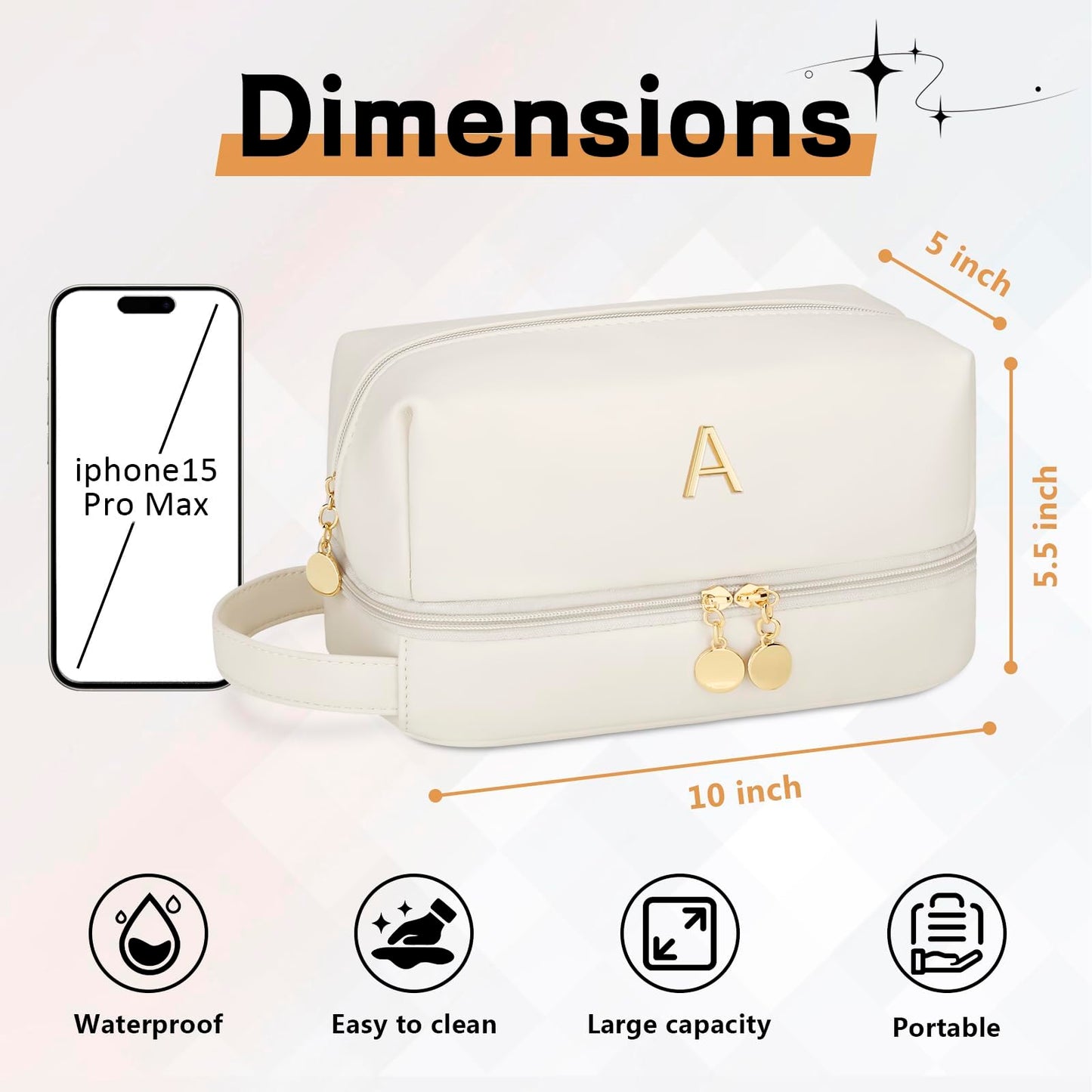 CLOUDWINGS Initial Makeup Bag for Women - Personalized Double Layer Cosmetic Bags with Makeup Brush Organizer, Hanging Travel Toiletry Bag with Large Capacity, Gifts for Mom Girlfriend Wife（Beige A）