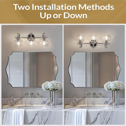 ANDY STAR Chrome Vanity Light, 3-Light Polished Silver Bathroom Light Fixture Over Mirror, Modern Wall Sconce with Clear Glass Shade, Industrial Wall Lighting for Living Room, Bedroom, Hallway, 22.3"