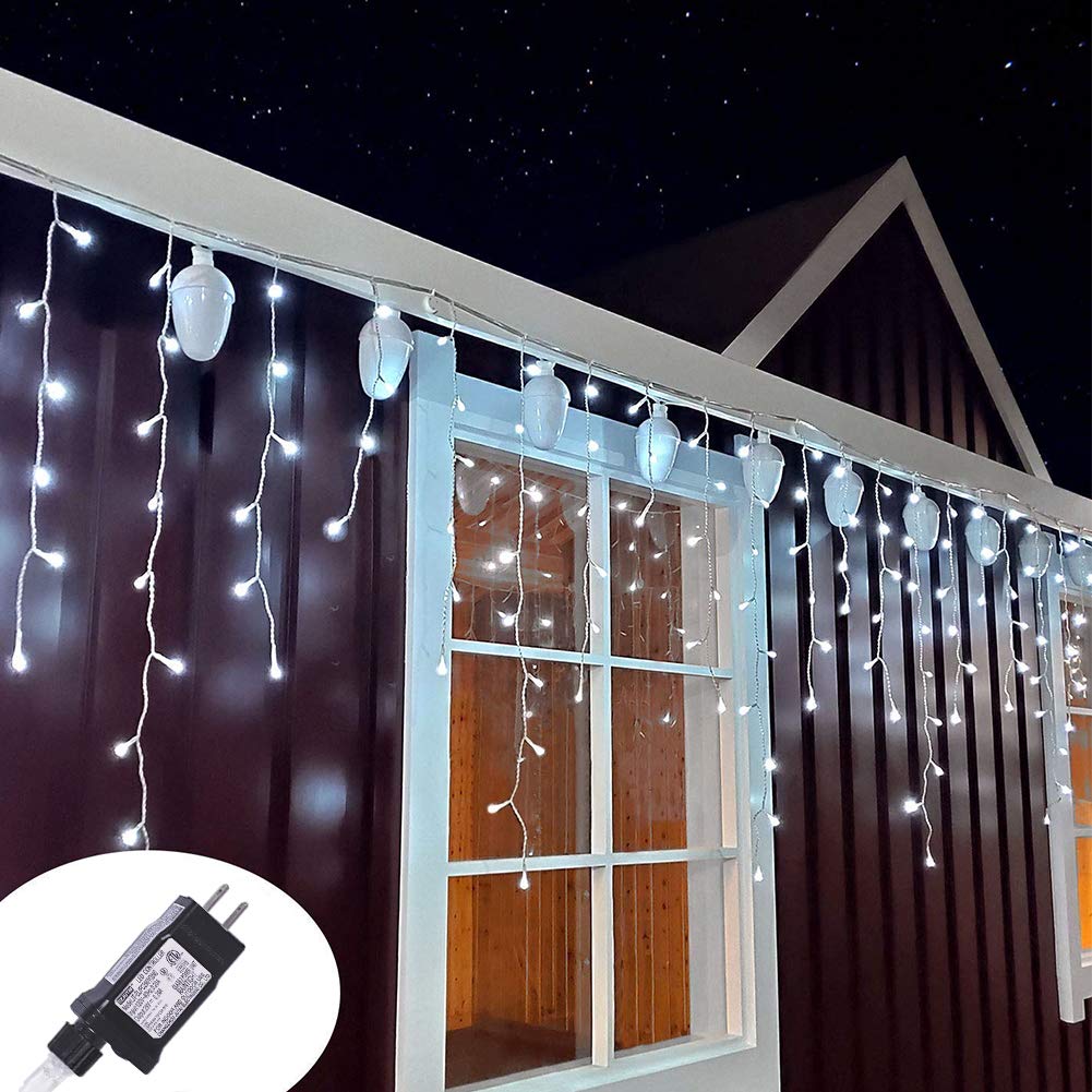 Qunlight Orangie 8 Modes LED Icicle Lights, 9.8 FT 96 LED Fairy String Lights Plug in Extendable Curtain Light String Christmas Lights for Bedroom Patio Yard Garden Wedding Party (Cool White)
