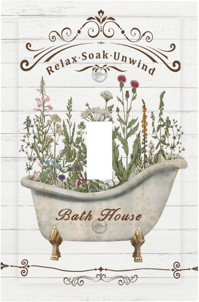 Rustic Farmhouse Wooden Board Botanical Flower Single Toggle Light Switch Plates Cover Decorative 1 Gang Wall Plate Electrica Faceplate for Bathroom Bedroom Decorate Accessories