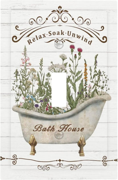 Rustic Farmhouse Wooden Board Botanical Flower Single Toggle Light Switch Plates Cover Decorative 1 Gang Wall Plate Electrica Faceplate for Bathroom Bedroom Decorate Accessories