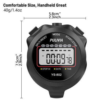PULIVIA Sports Stopwatch Timer, Single Lap Split Digital Stop Watch for Sports Kids Coaches Swimming Running, Black
