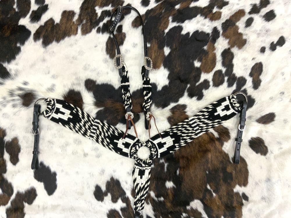 Showman Black & White Mohair Single Ear Headstall & Breast Collar Set