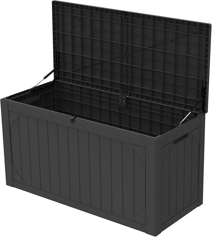 Outdoor Storage Box, 100 Gallon Deck Box Outdoor Storage Bench Outside Waterproof Resin Storage Bench, Lockable Patio Cushions, Garden Tools Storage For Furniture, UV Resistant(Black)