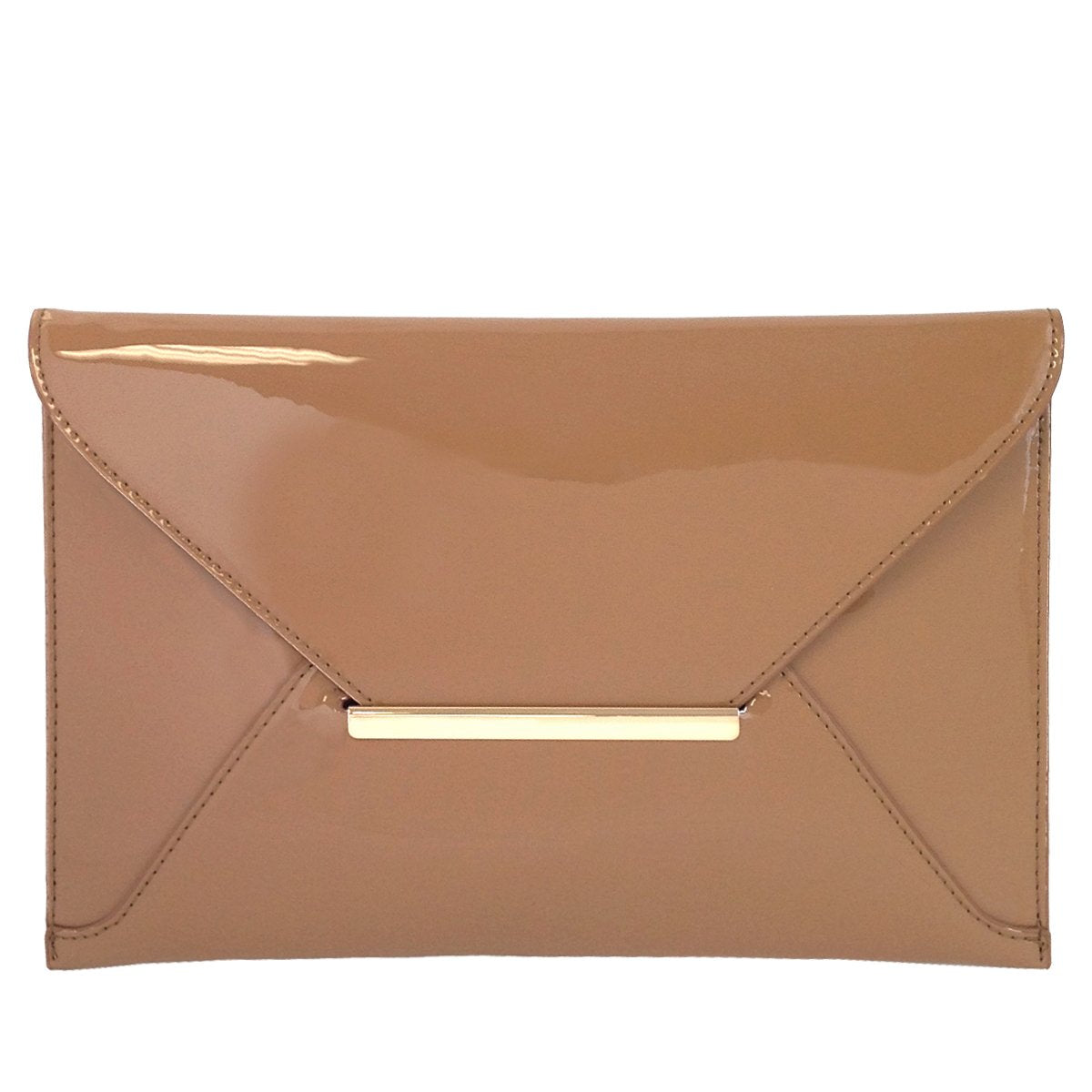 JNB Faux Patent Leather Envelope Candy Clutch Bag with Gold Hardware Zippered Pocket,Taupe