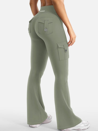 YEOREO CoreFlex Women Workout Flare Leggings with Pockets Hidden Scrunch High Waisted Cargo Gym Yoga Leggings Light Army Green XXL