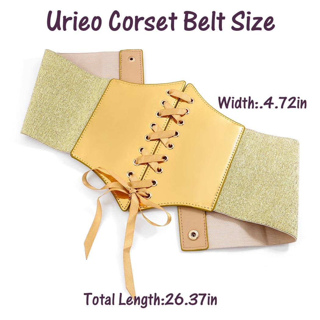 Urieo Wide Elastic Corset Belt, Gold Lace-Up Waist Cincher, Stretch Side Panels