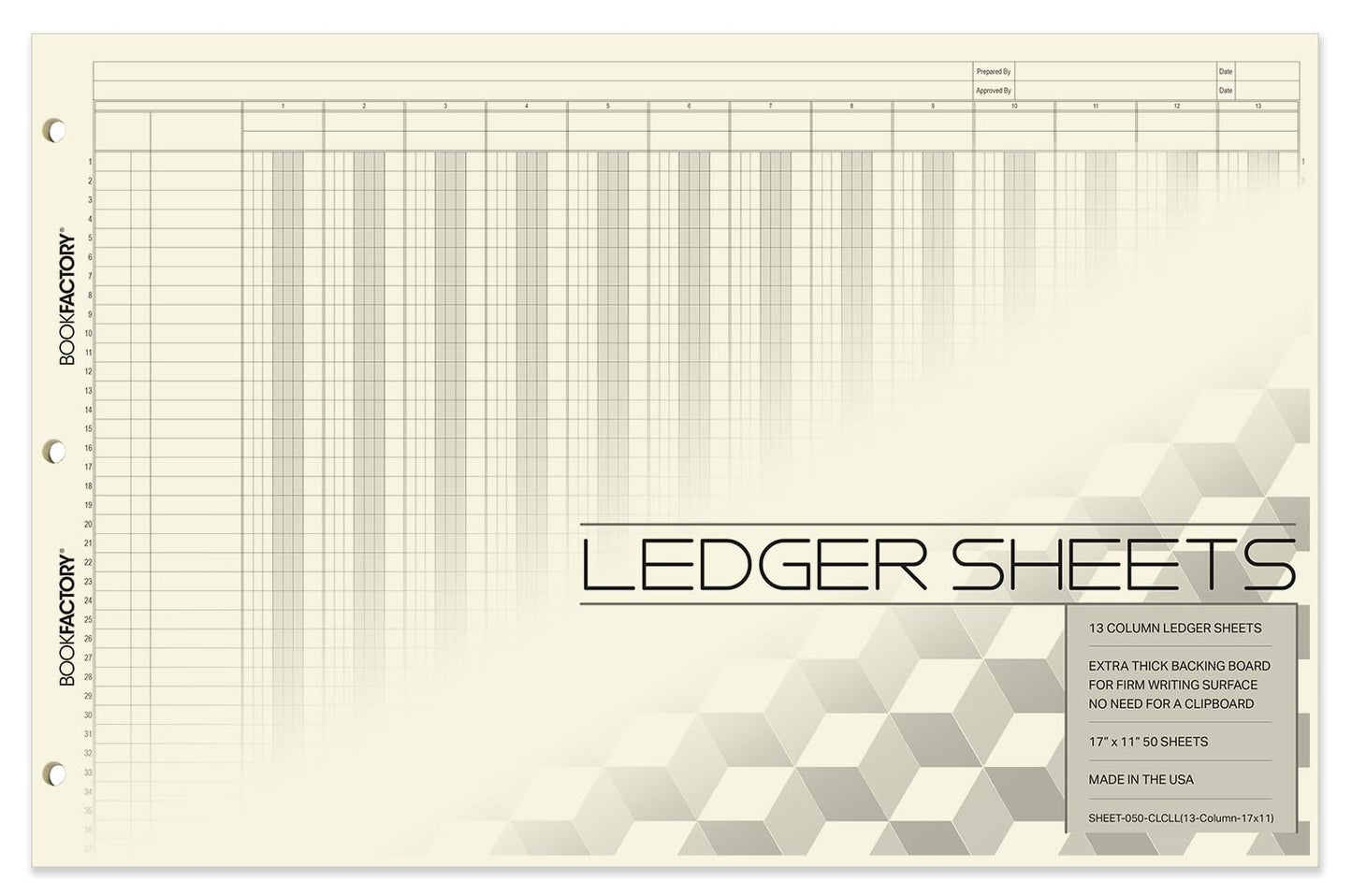 BookFactory Ledger Sheets/Large 13 Column Accounting Ledger Columnar (Thirteen Columns) Loose Leaf Paper - 17'' x 11'', 50 Pages, Loose Leaf, 3 Hole Punched (Made in USA)