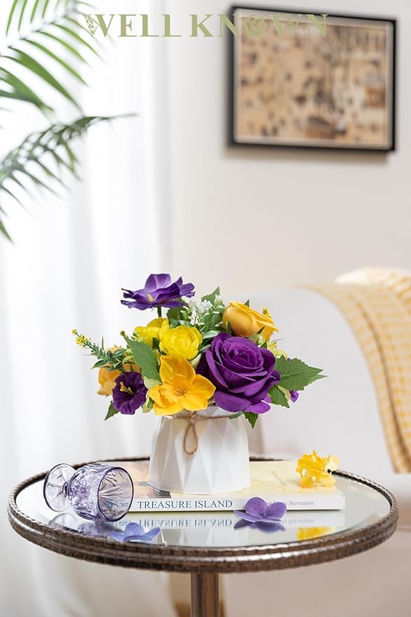 WELL KNOWN Small Fake Flowers in Plastic Vase 7" Centerpieces Coffee Table Decor, Silk Flower Arrangements for Home Decor Indoor Artificial Flower Bouquet for Dining Room Kitchen Wedding Yellow Purple
