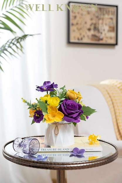 WELL KNOWN Small Fake Flowers in Plastic Vase 7" Centerpieces Coffee Table Decor, Silk Flower Arrangements for Home Decor Indoor Artificial Flower Bouquet for Dining Room Kitchen Wedding Yellow Purple