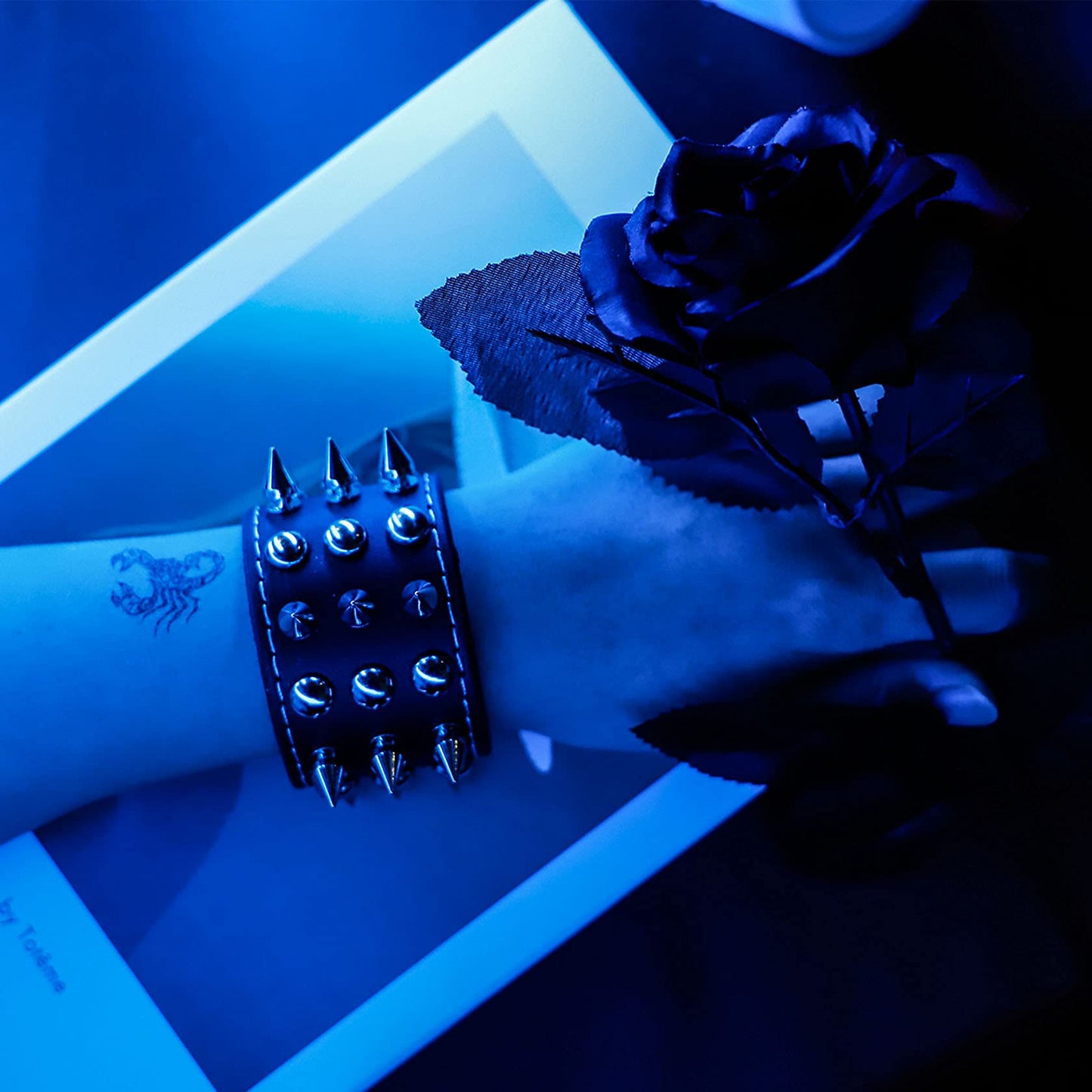 MILAKOO 2 Pcs Black Wristband Cuff Belt Bracelet Bangle Leather Rope Black Punk Rock Bracelet 6-8"