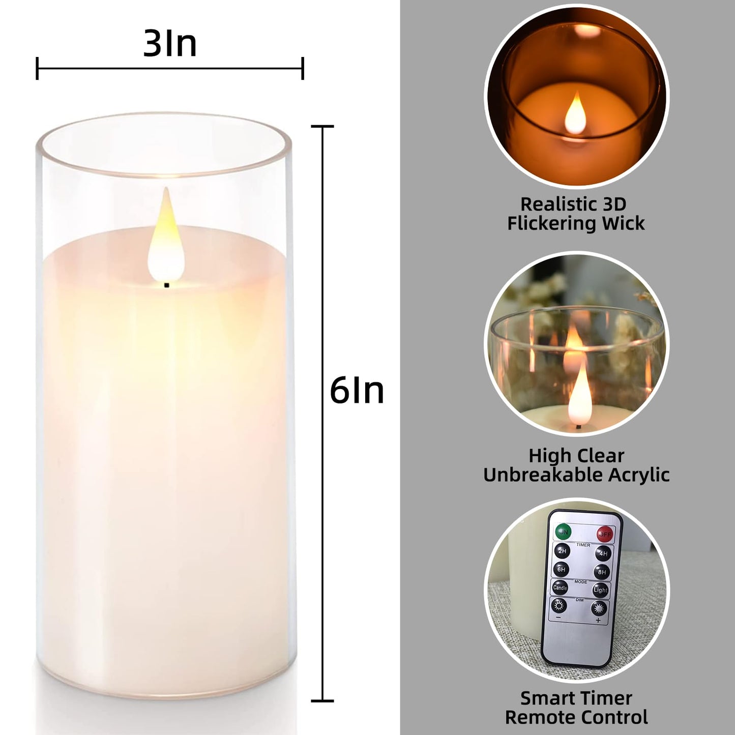 NICEME Flickering Flameless Candles with Remote Control Timer Unbreakable Acrylic Battery Operated LED Candles with Flickering Flame 3D Wick for Romantic Ambience Home Decor Set of 3, D3” xH6”