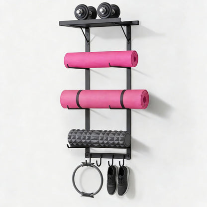 LFIPYM Black Wall Mount Yoga Mat Holder with Floating Shelf & 5 Hooks, Home Gym Storage Rack for Yoga Mats, Foam Rollers and Resistance Bands, Metal