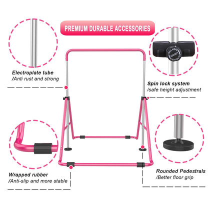 RINREA Gymnastic Bars for Kids with Adjustable Height, Folding Gymnastic Training Kip Bar, Expandable Horizontal Bar for Home (Pink_Mat)
