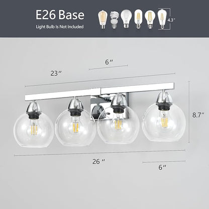 4-Light Bathroom Vanity Light, Silver Wall Sconce with Premium Hand-Crafted Glass, Shatter-Resistant & Enhanced Clarity, Perfect for Mirror, Living Room, Hallway