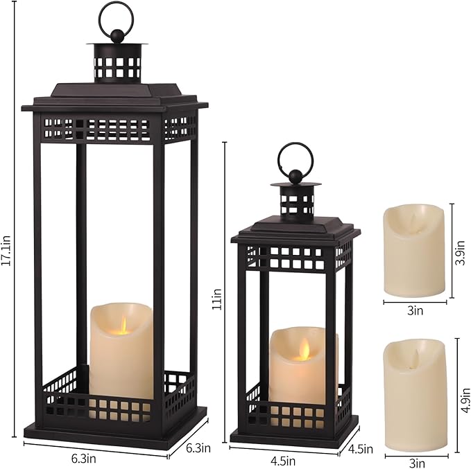 Vintage Lanterns Decorative Indoor, 17'' 11'' Set of 2 Black Candle Lantern Decor, Lanterns Decorative for Retro Living Room, Mantel, Patio, Porch, Garden, Balcony, Wedding Tabletop Lantern