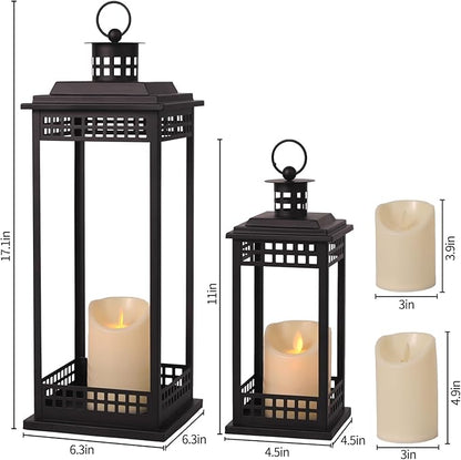 Vintage Lanterns Decorative Indoor, 17'' 11'' Set of 2 Black Candle Lantern Decor, Lanterns Decorative for Retro Living Room, Mantel, Patio, Porch, Garden, Balcony, Wedding Tabletop Lantern