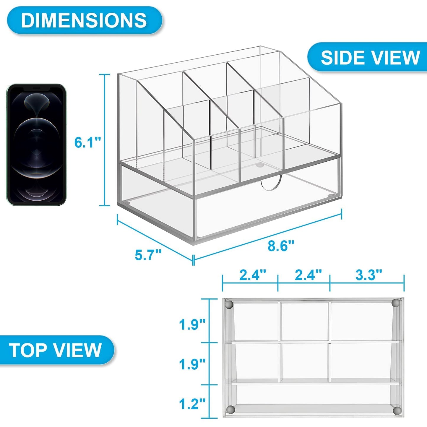 VITVITI Acrylic Desk Organizer, Upgraded Clear Pencil Organizer for Desk, 7 Compartments Stationary Pen Organizer Storage with Drawer, for Office Supply, 500+ Pencils Capacity