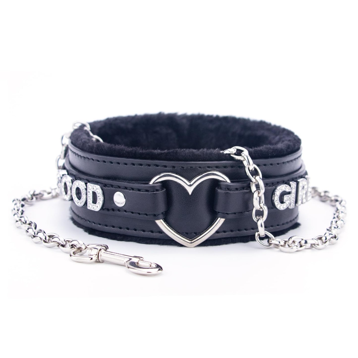 Bilisee Black Leather Heart O-ring Collar Necklace for Women, Adjustable Gothic Punk Collar with Letters Soft Furry Choker Jewelry