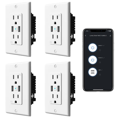 Lumary Smart USB Outlet with Type-C & USB-A Ports, WiFi in-Wall Outlet Compatible with Alexa & Google Home, Remote & Voice Control, Timer, FCC Certified, Tamper-Resistant, 4 Pack