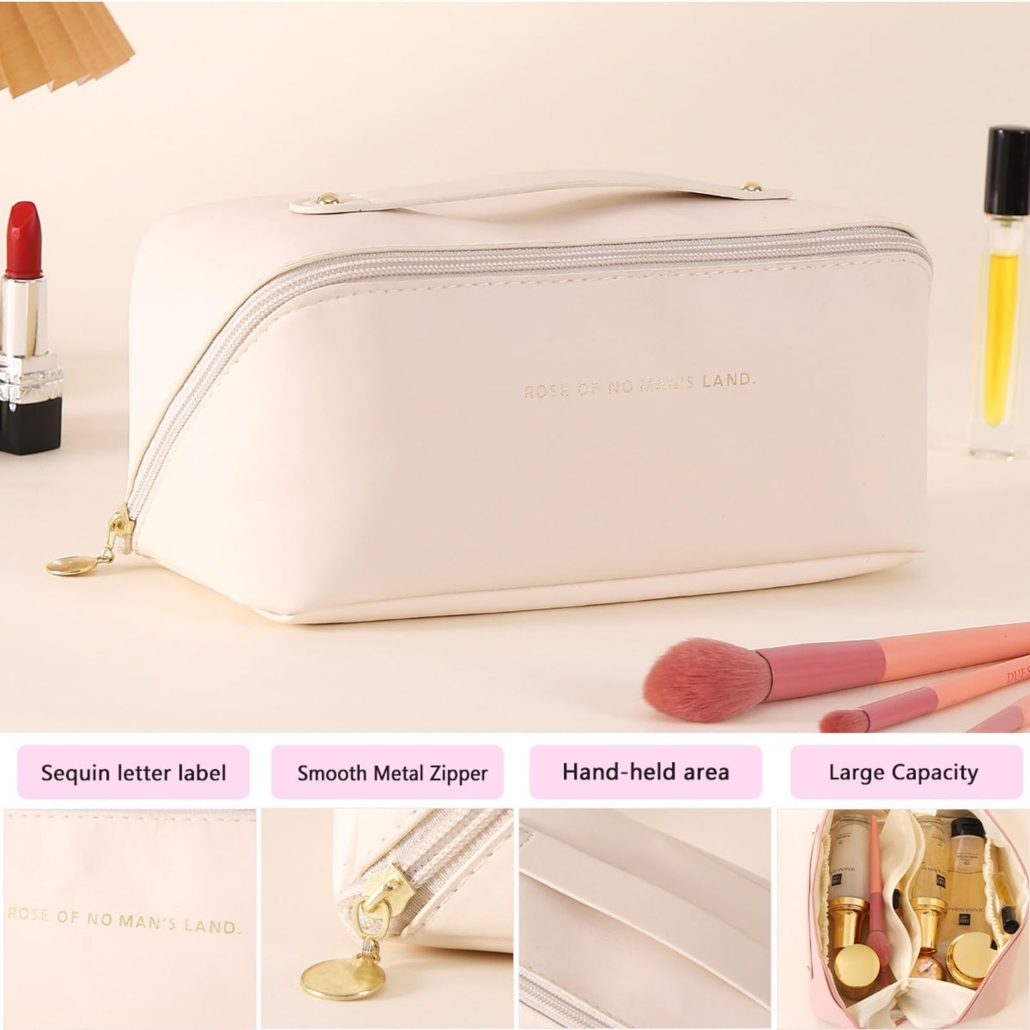Shonchii Travel Makeup Bag, Large Capacity Cosmetic Bags for Women,Waterproof PU Leather Toiletry Bag,Open Flat Make Up Bag Organizer with Handle