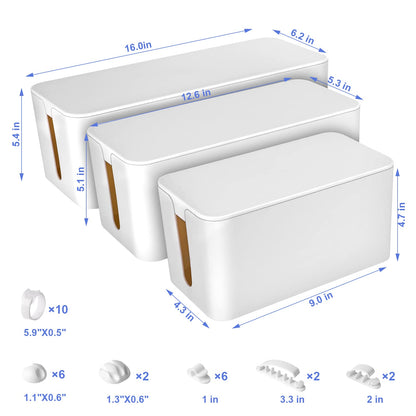 Cable Organizer Box Set of Three, Power Cover Cord Holder Surge Protector for Desk (White)
