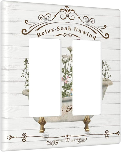 Rustic Farmhouse Wooden Board Botanical Flower Double Rocker Light Switch Cover 2 Gang Wall Plate Covers Decorative Electrical GFCI Outlet Plates for Home Bathroom Kitchen Decor
