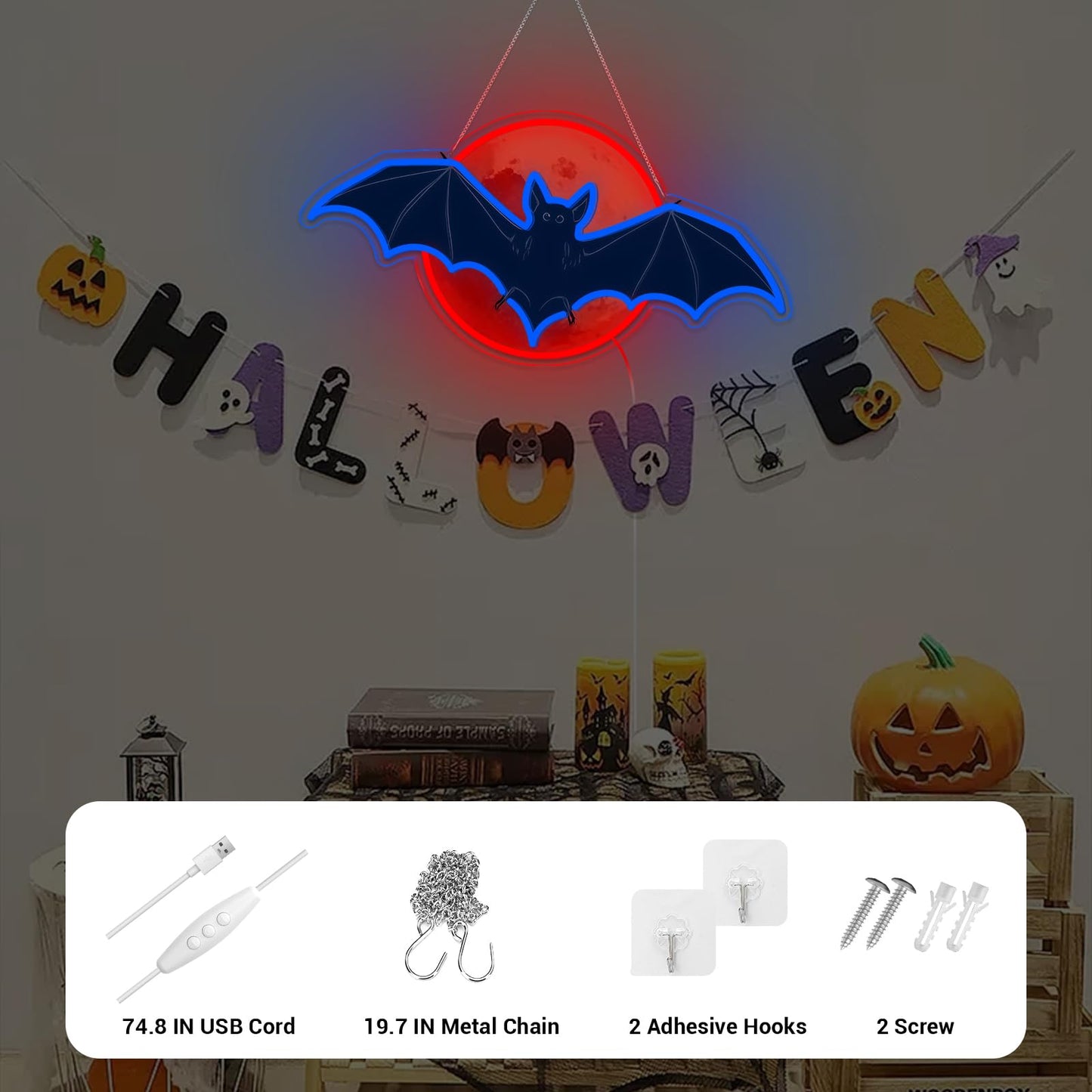 LMHSE Bat Moon Halloween Window Decorations, Neon Signs for Decorating Rooms, Windows, Funny Home Decor, Party, Halloween Decoration USB Powered (Black - Bat)