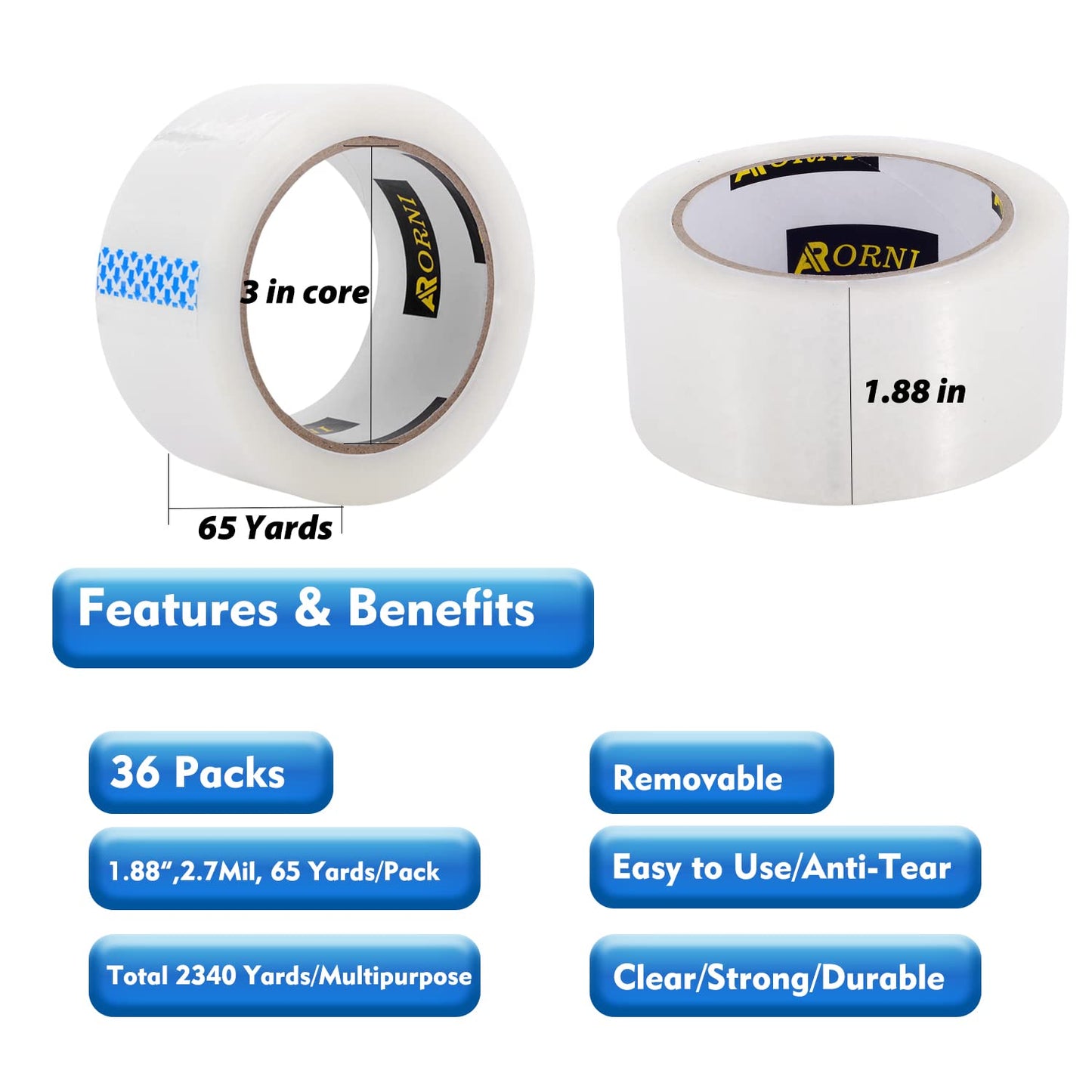 APORNI Clear Packing Tape Heavy Duty Refill Rolls Sealing Great for Packing Box Shipping and Moving Supplies Packaging 36 Rolls 1.88" x 65 Yards 3" Core 2.7 Mil Thick Adhesive