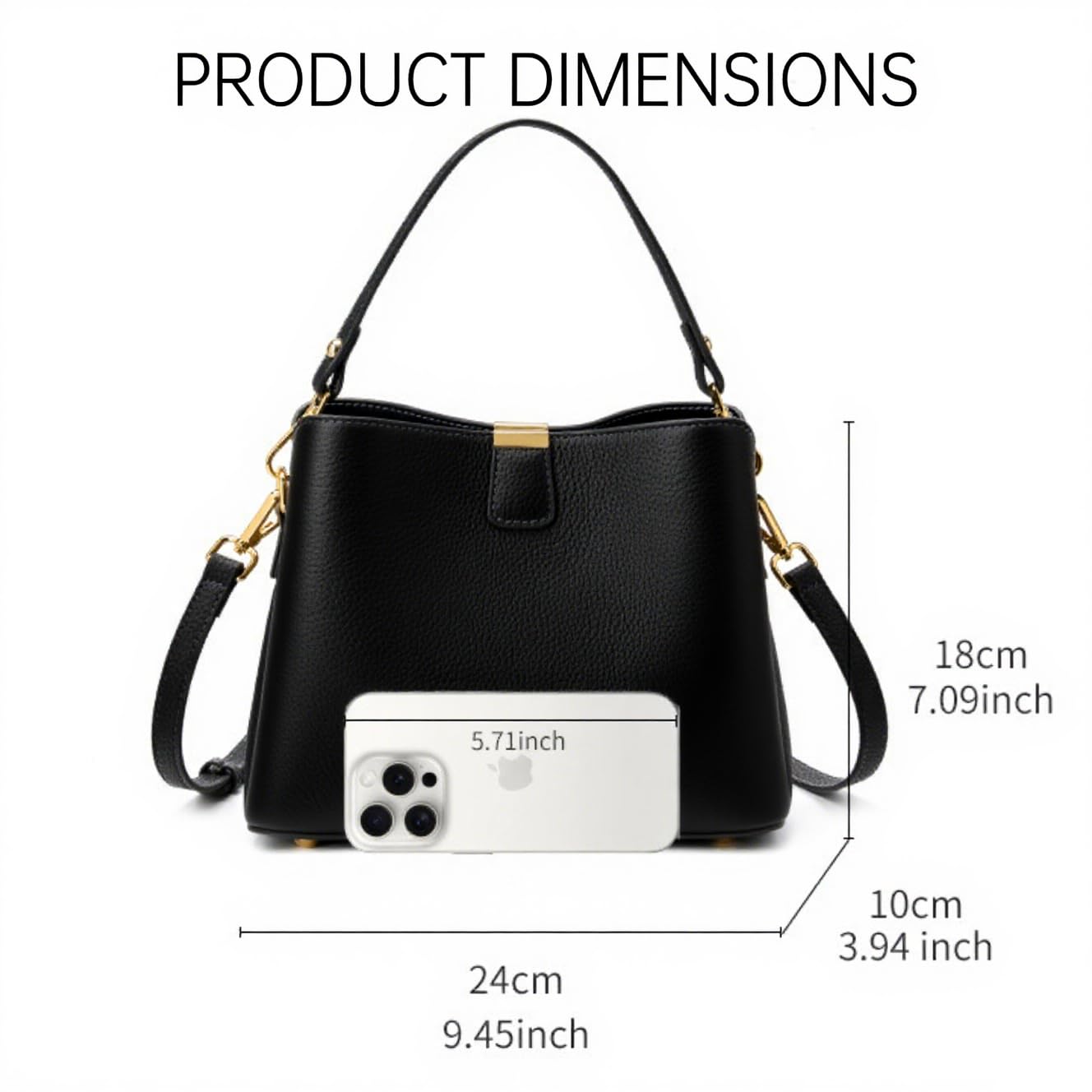 Leather Bucket Bag for Women, Soft Crossbody Top-handle Purse with 2 Style Adjustable Straps, Spacious Daily Handbag for Work, Black
