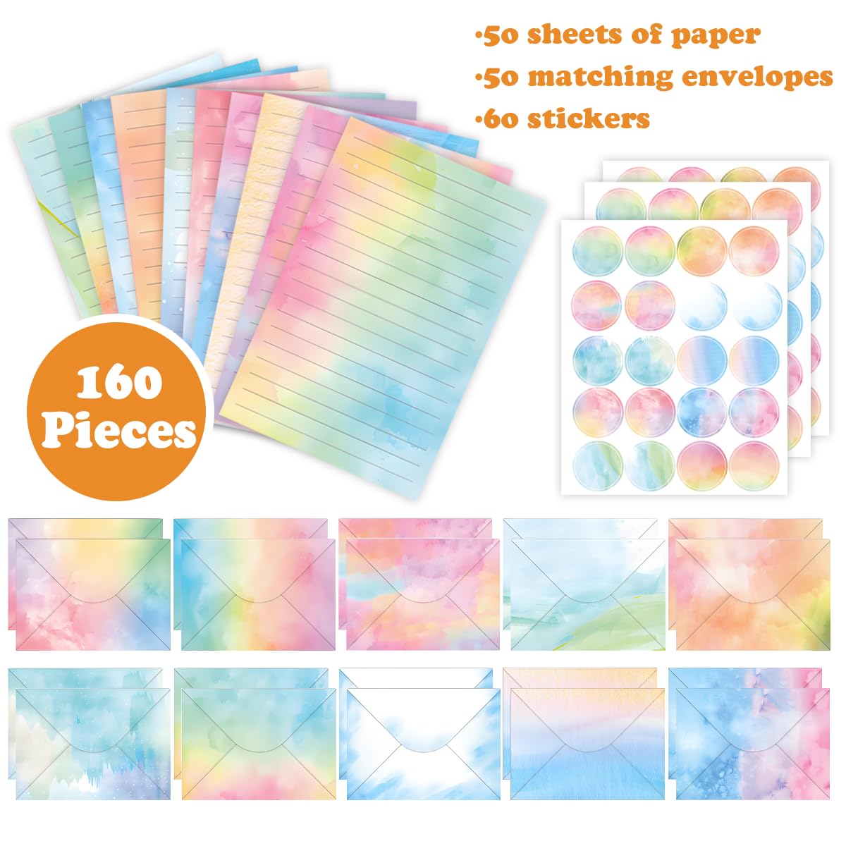FUNCLASS Stationary Letter and Envelopes, 160 Pcs Watercolor Stationary Set with 50 Lined Stationery Paper 50 Envelopes, 5.5 x 8.25 Inches Cute Stationary, Gifts for Kids, Girls