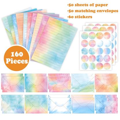 FUNCLASS Stationary Letter and Envelopes, 160 Pcs Watercolor Stationary Set with 50 Lined Stationery Paper 50 Envelopes, 5.5 x 8.25 Inches Cute Stationary, Gifts for Kids, Girls