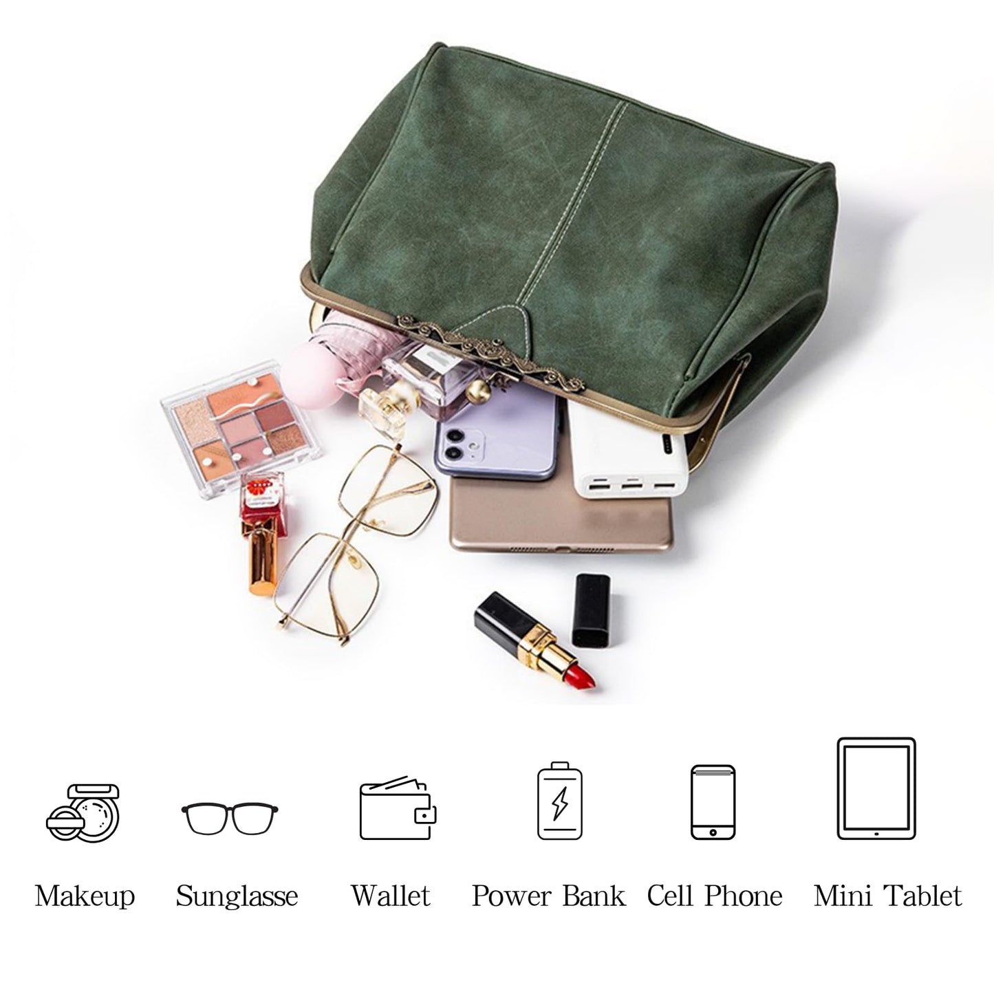 EDIWER Handbag for Women Leather Shoulder Bag Kiss Lock Top Handle Satchel Purse Vintage Crossbody Bag Evening Clutch Purses