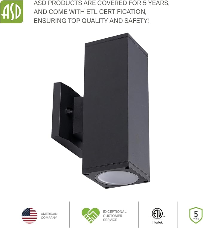 ASD 2 Light Square Outdoor Wall Light Fixture | 120W E26 Socket 120V ETL Cylinder Up Down Lights | LED/CFL/Incandescent Bulb Exterior Wall Sconce | Front Door, Porch, Patio Lighting | Black